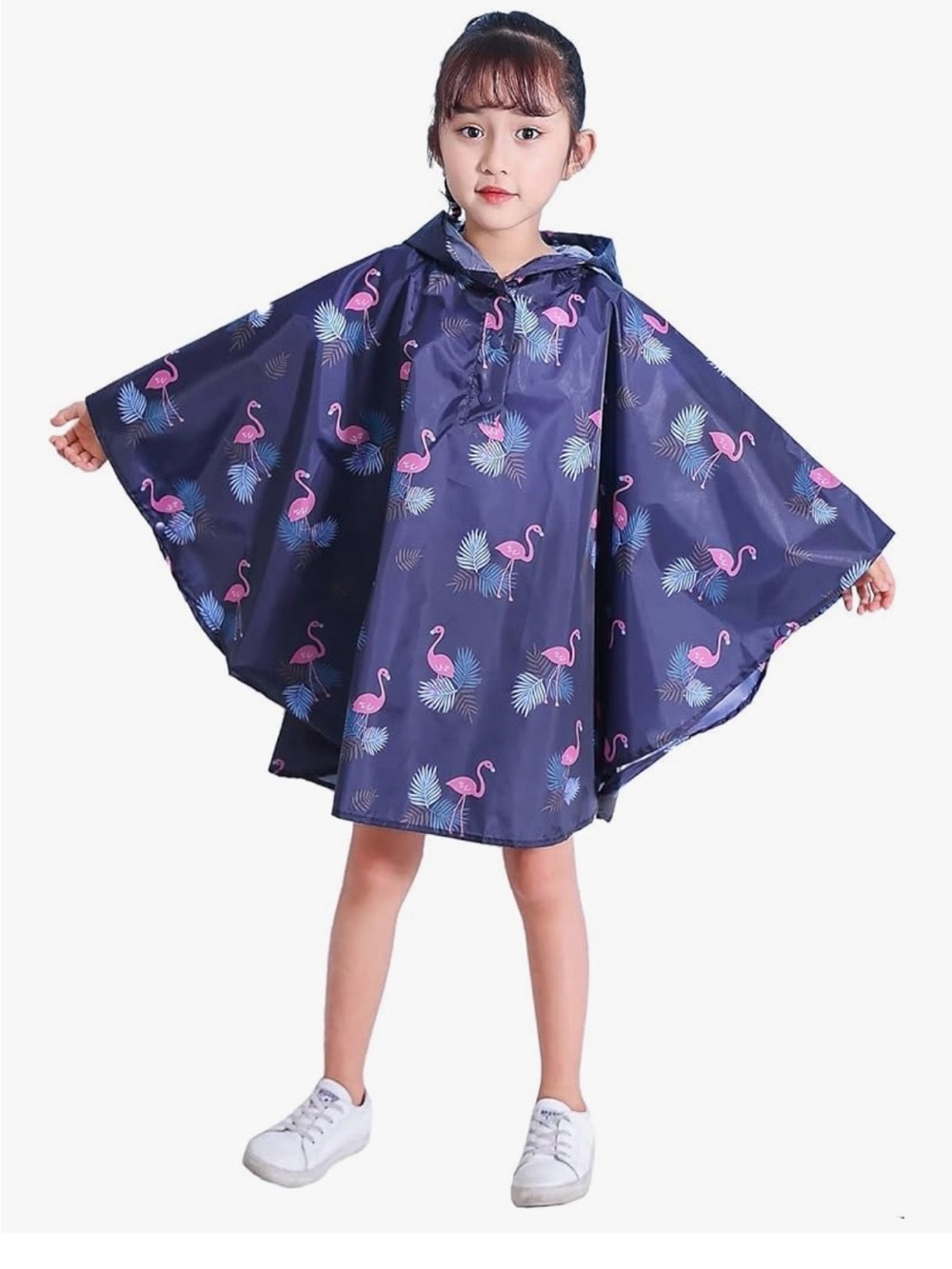 Girls' Navy Flamingo Hooded Rain Poncho